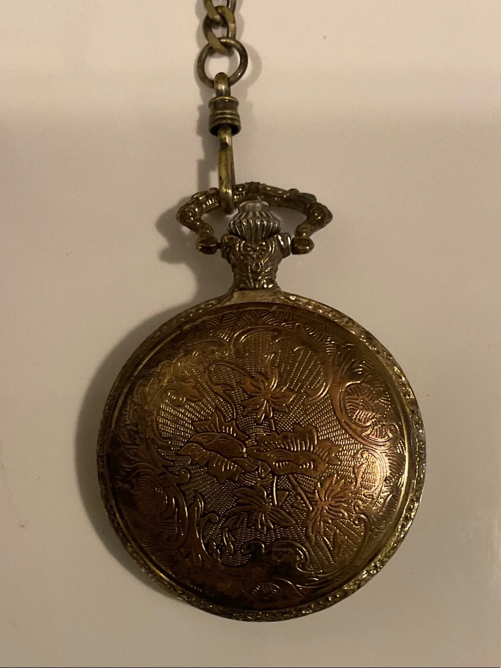 Antique-Style Pocket Watch Pendant with Chain in Aged Gold
